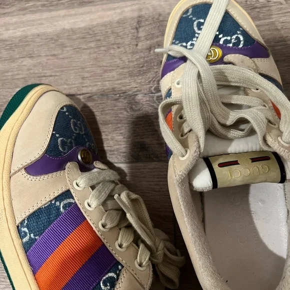Gucci Style Beige and Purple Sneakers with Orange Stripes - Picture 2 of 6